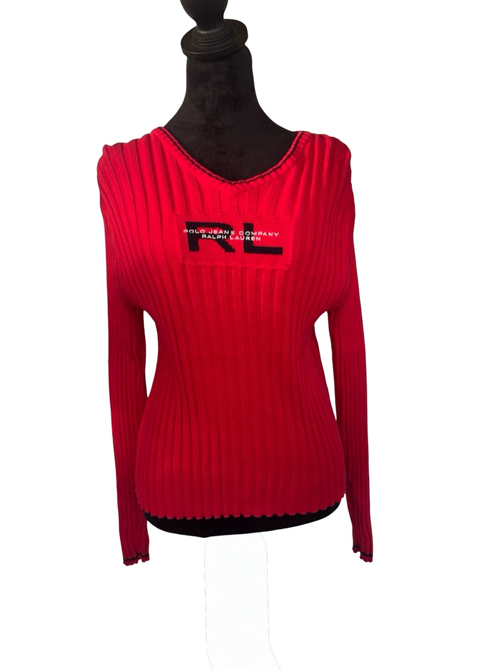 Vintage Polo Jeans Co. Ralph Lauren Red Ribbed Long Sleeve Top size large - Picture 2 of 9